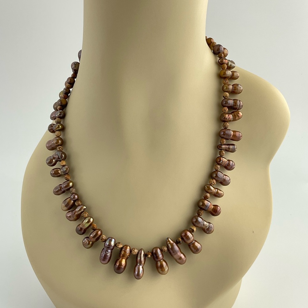 Baroque Pearls & Picture Jasper Necklace, Handmade, 19.25" L, BoHo, Funky